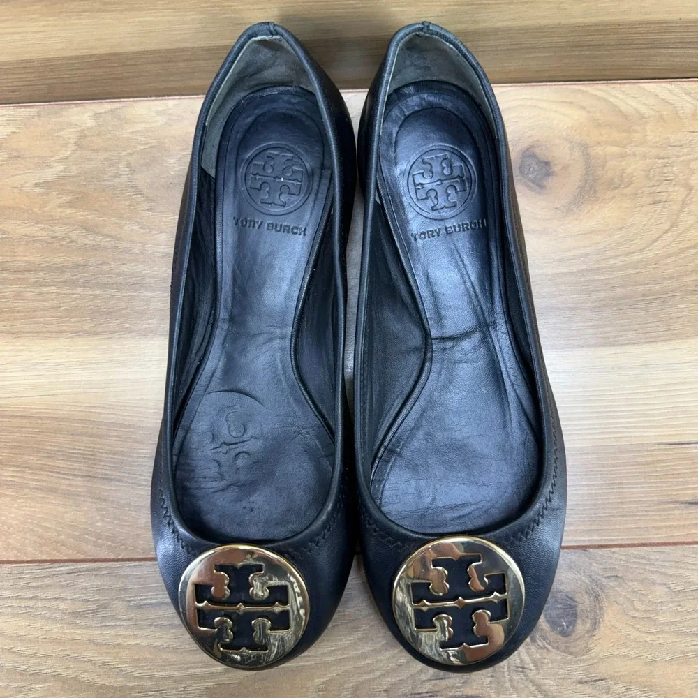 Tory Burch Reva Flats Black Soft 6.5 M Soft Leather Gold Logo Modern Office Walk